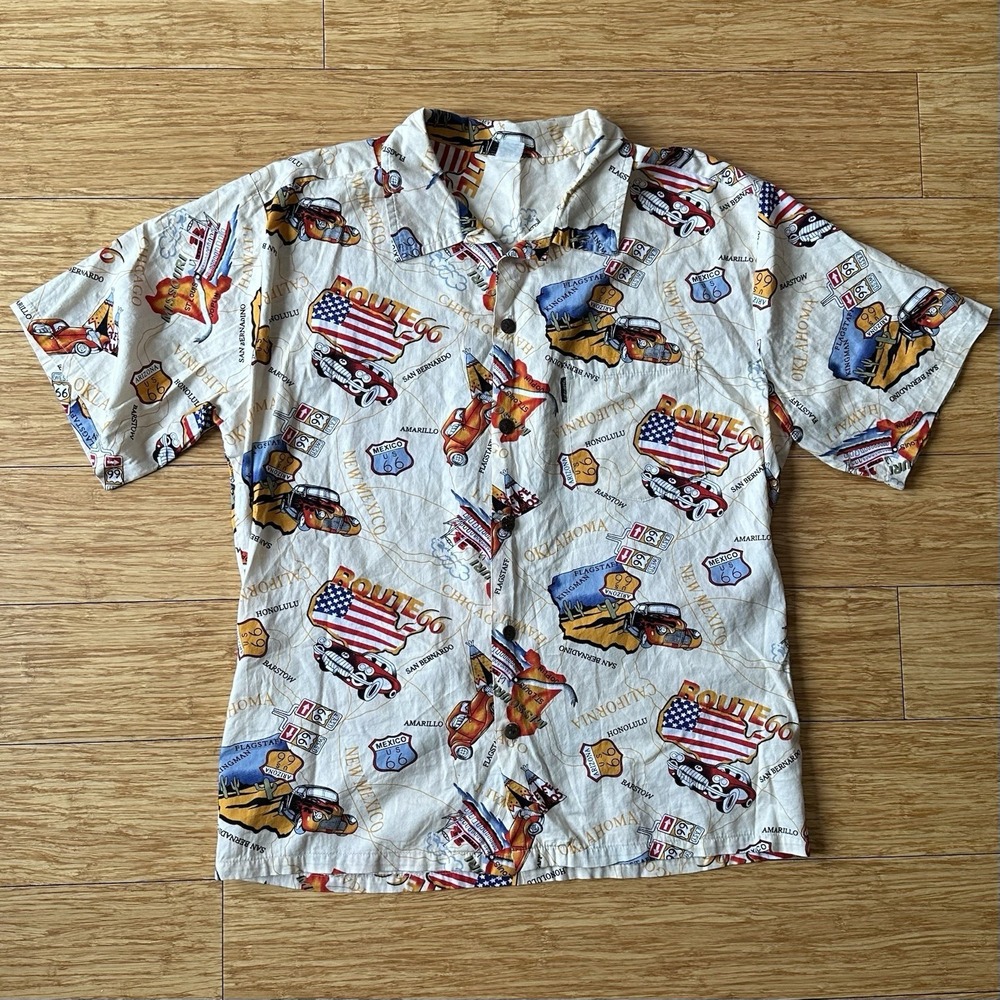 Vtg 90s High Surf Route 66 Camp Shirt Hot Rod Car USA Map Hawaiian Button Up L